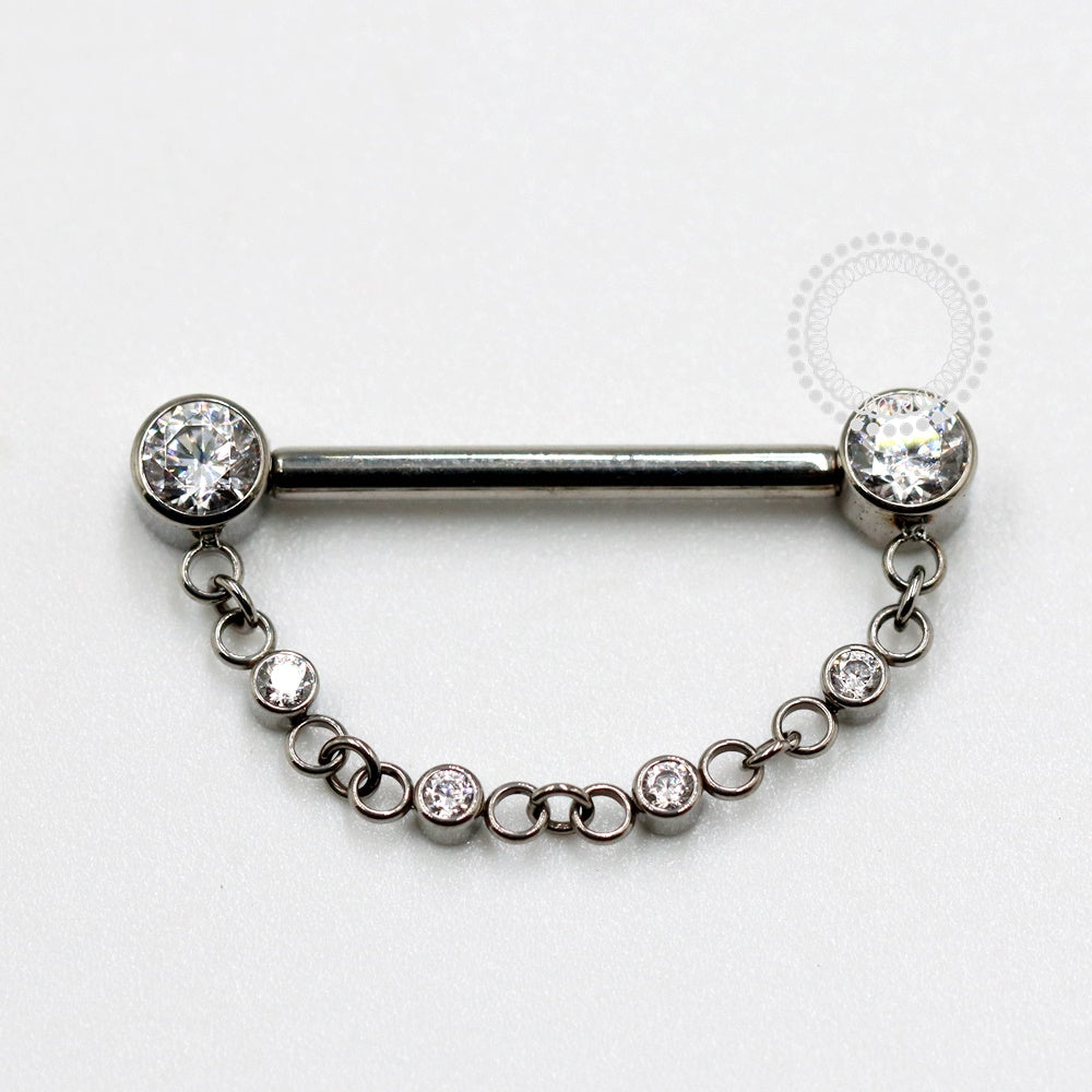TN1122 Nipple Jewelry CZ Flat With Chain Push Pin Titanium ASTM F-136