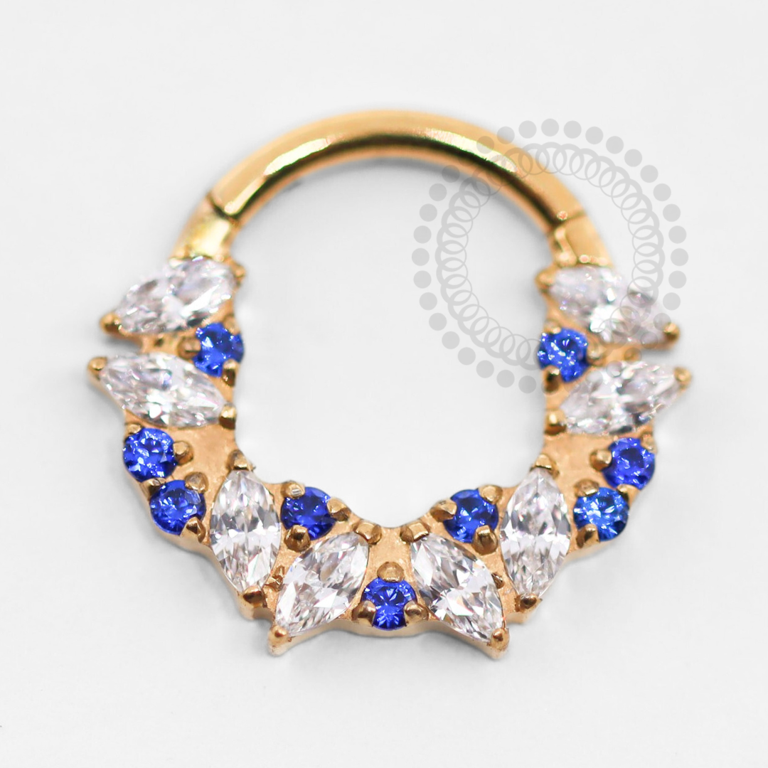 TN1387 Crystal Ship Segment With Blue Titanium PVD Gold Stones