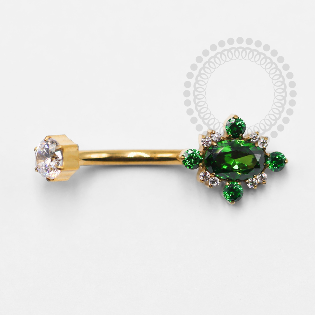 TN1346 Navel Zircônia Lapidada Verde Esmeralda Titânio PVD Gold