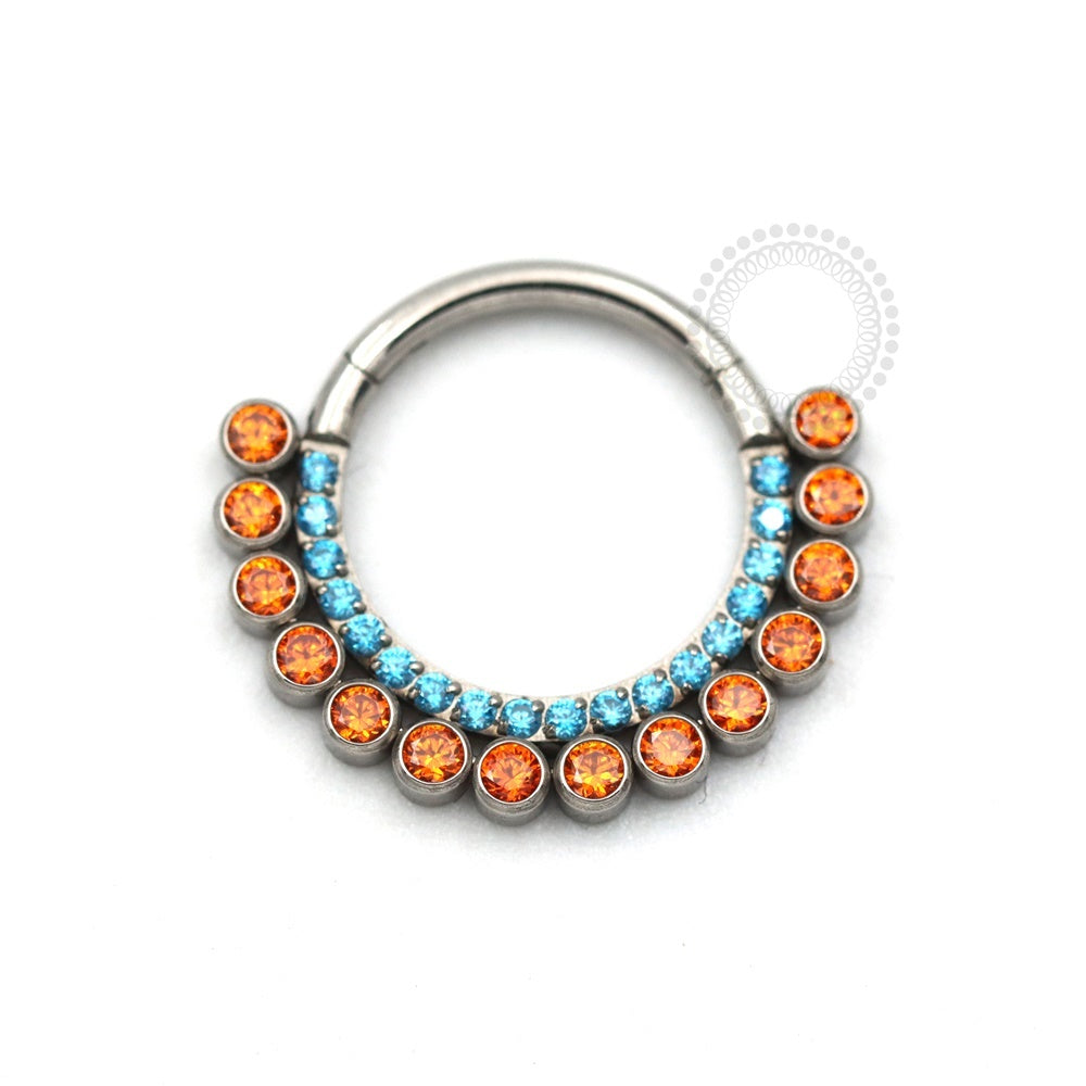 TN608 Segment Big And Small Stones CZ Blue/Orange Titanium