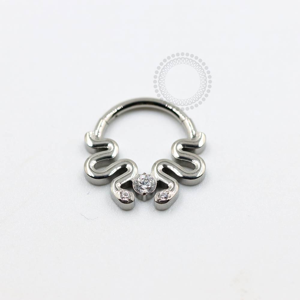 TN943 Two Snakes Hoop Zirconia Stones Titanium