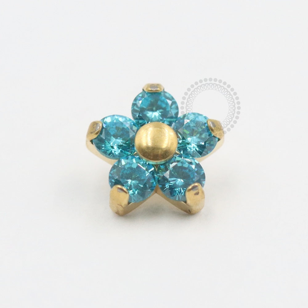 TN318 Blue CZ Flower Topper Titanium PVD Gold Core