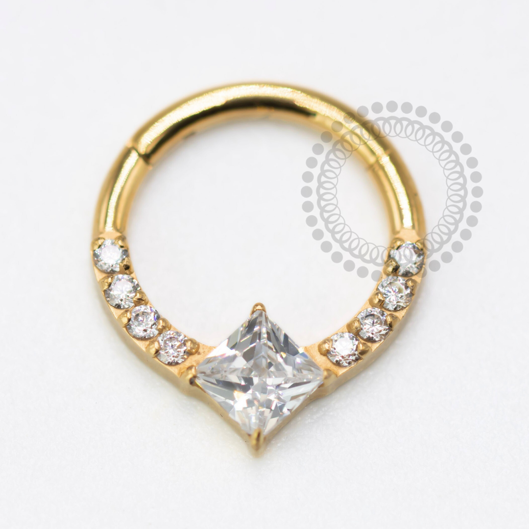 TN1640 Segmento Frontal Cravejado CZ Quadrada Titanio PVD Gold