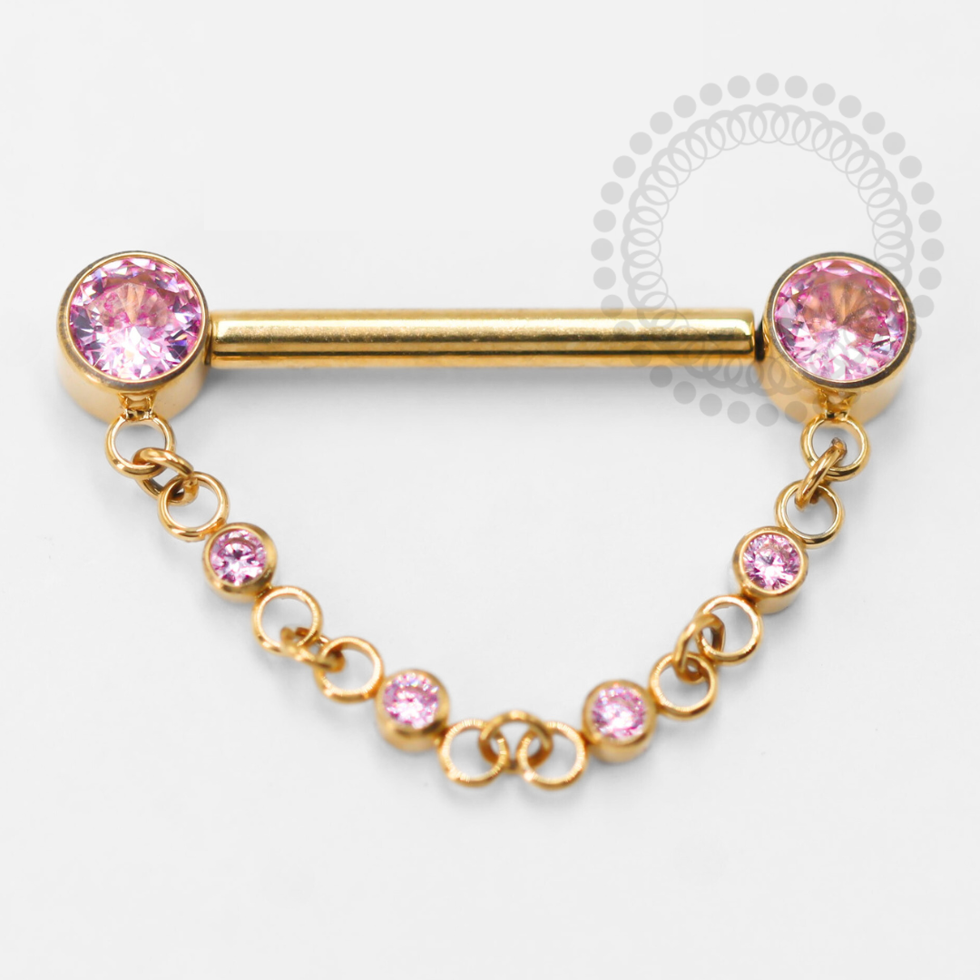 TN1425 Pink Zirconia Nipple With Titanium PVD Gold Chain