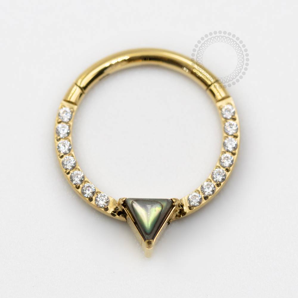 TN723 Segmento com Triangulo Pedra Abalone Titânio PVD Gold
