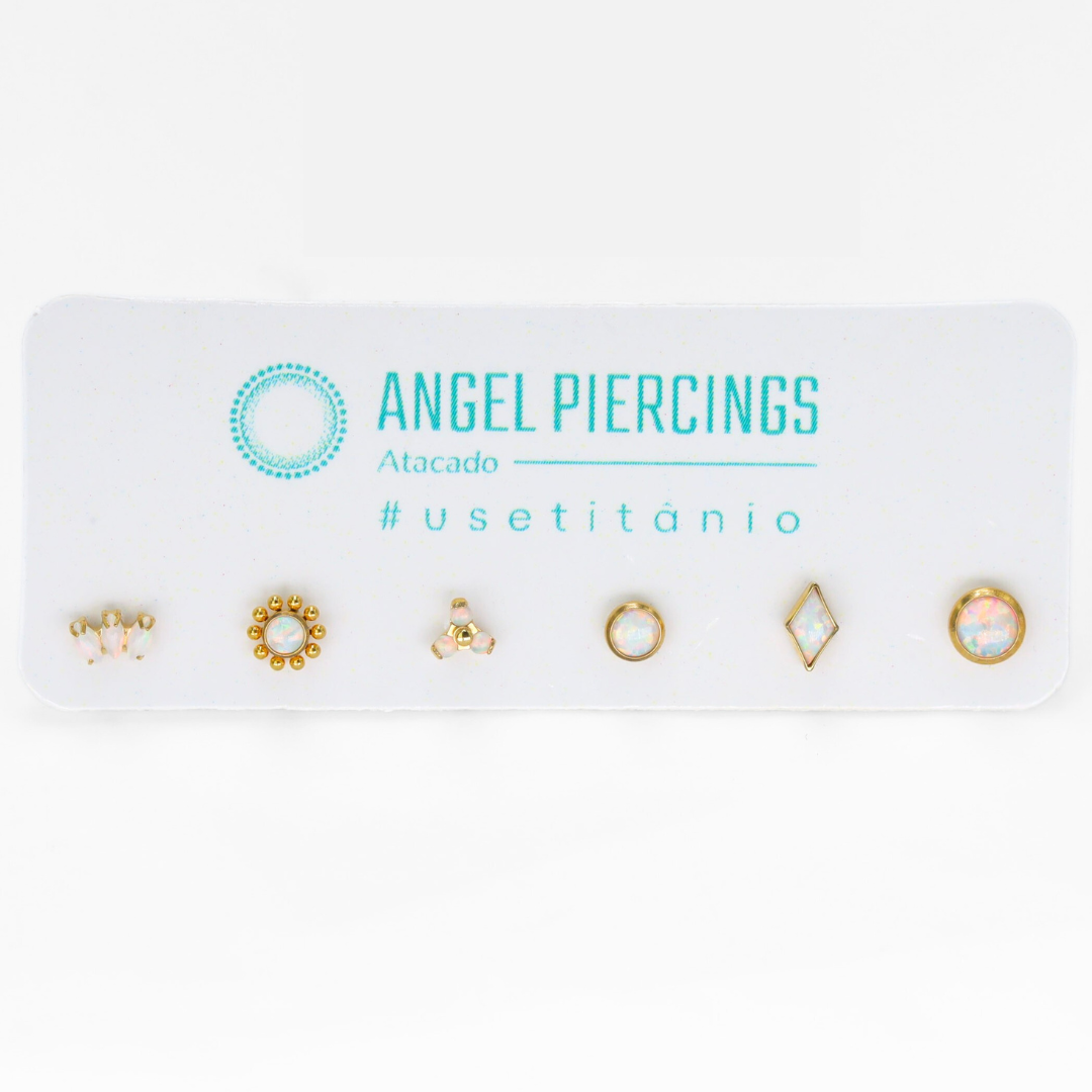 KIT20 Topos Pedras Opalas Brancas Titânio PVD Gold