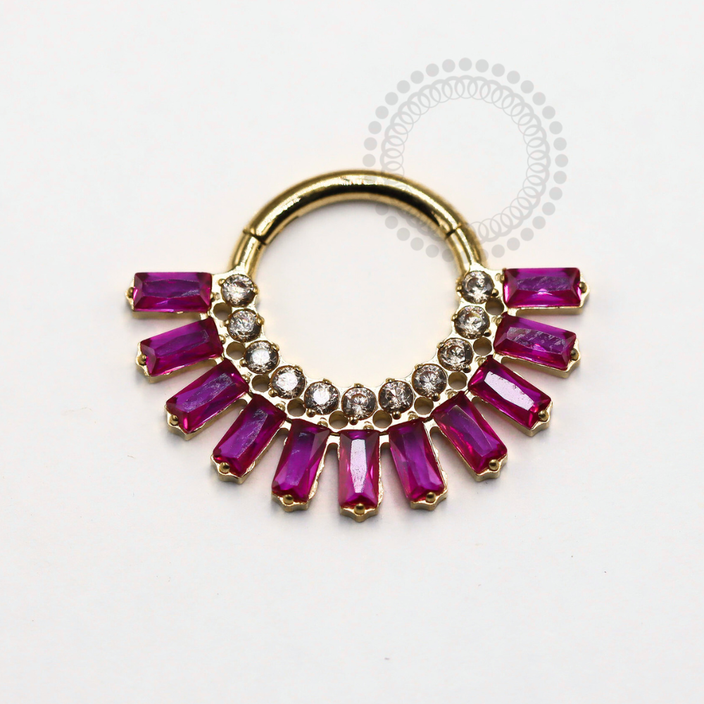 TN1242 Segmento CZ Baguete Dark Pink Titânio PVD Gold