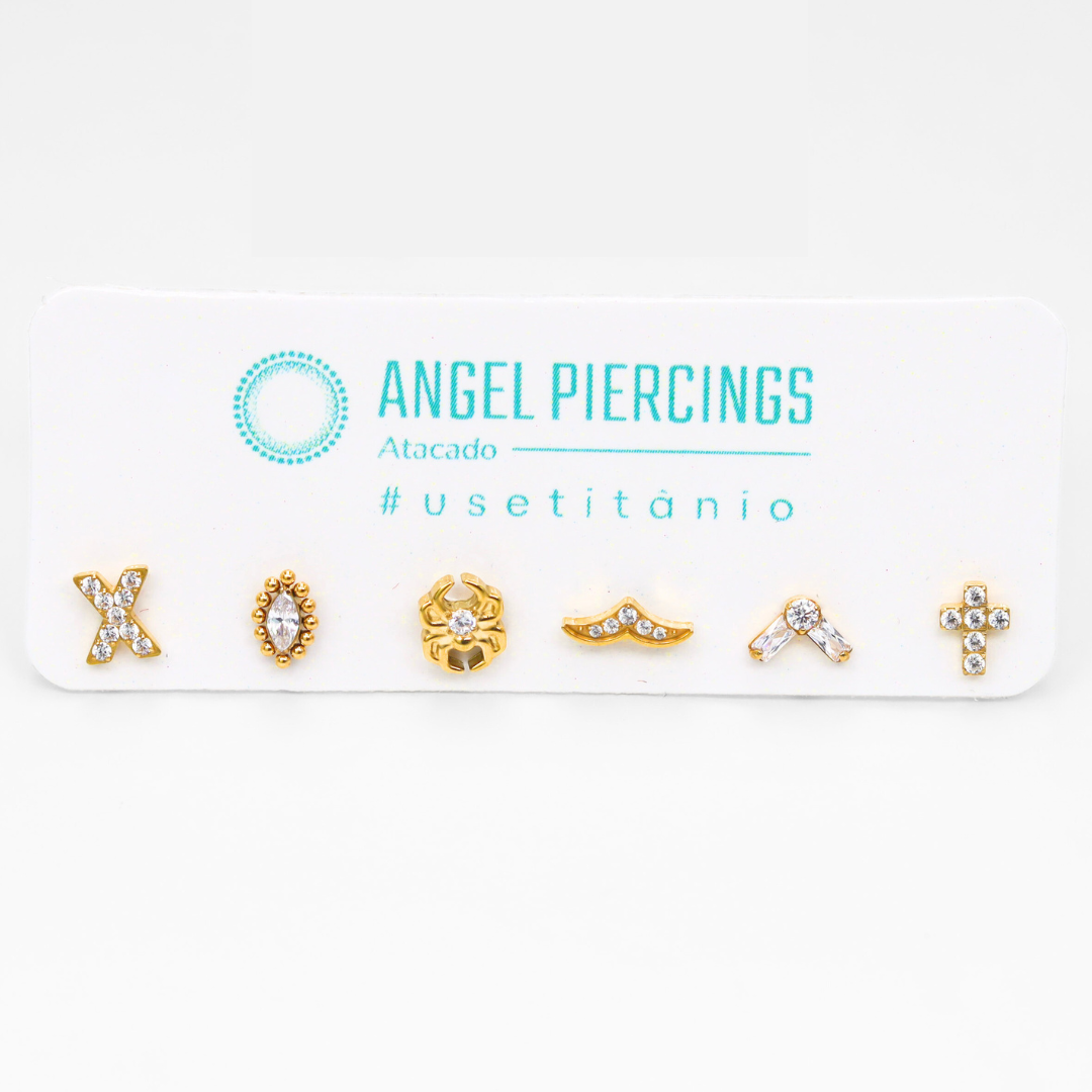 KIT22 Topos Cravejados Titânio PVD Gold