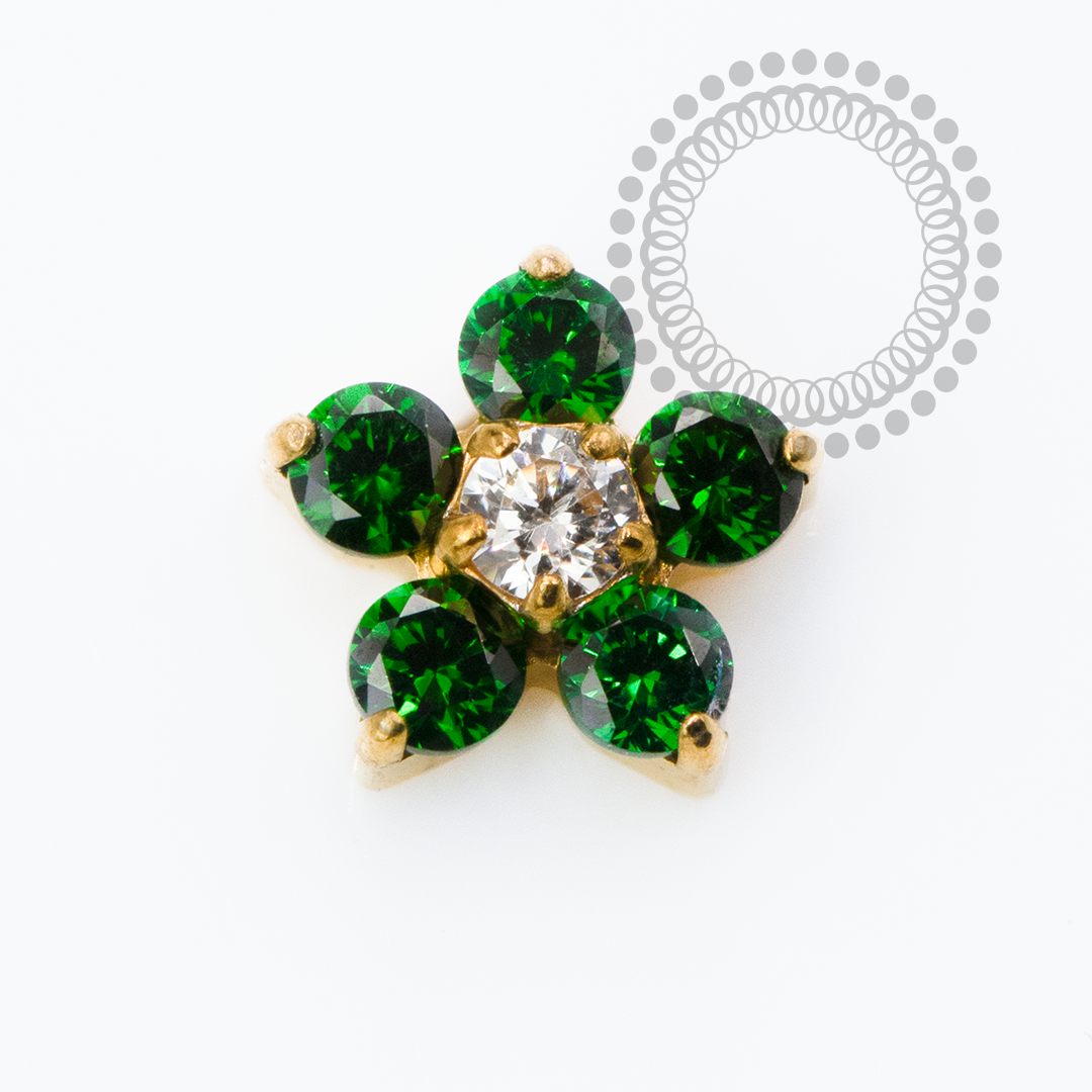TN2352 Topo Flor CZ Verde Push Pin Titânio PVD Gold