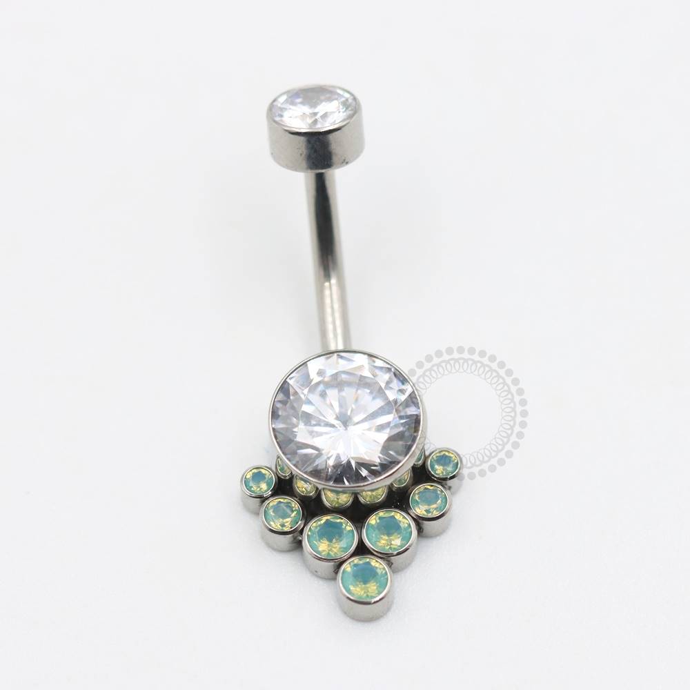 TN418 Navel Piercing Flat 7 Pedras Zirconias/Opalite Green