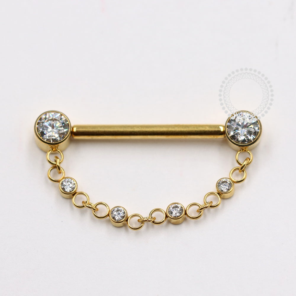 TN1119 Nipple Jewelry CZ Flat Com Corrente Push Pin Titânio PVD Gold