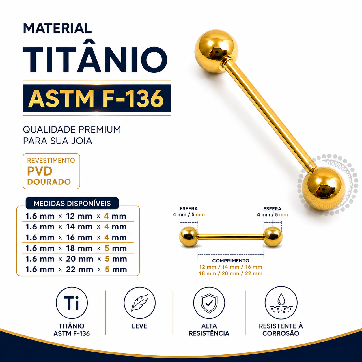 Barbell 1.6mm Titânio PVD Gold