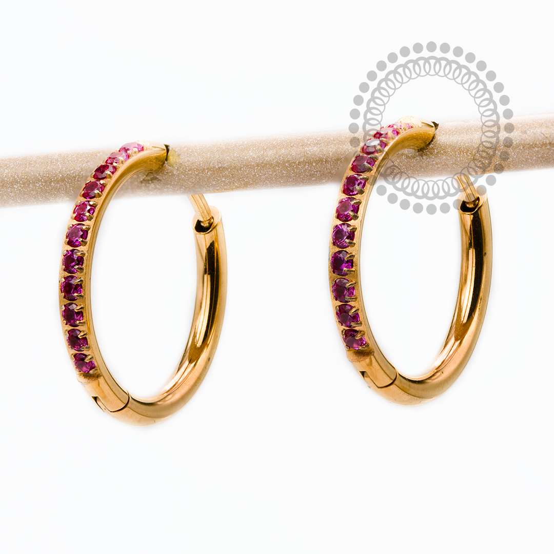 TN2531 Brincos Argola CZ Rubi 14mm Titânio PVD Gold