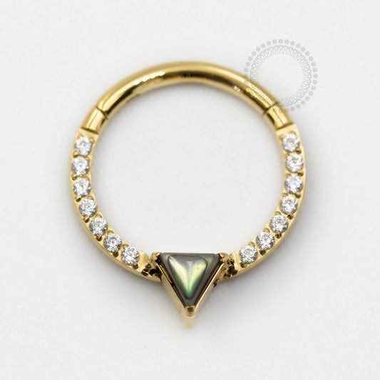 TN723 Segmento com Triangulo Pedra Abalone Titânio PVD Gold