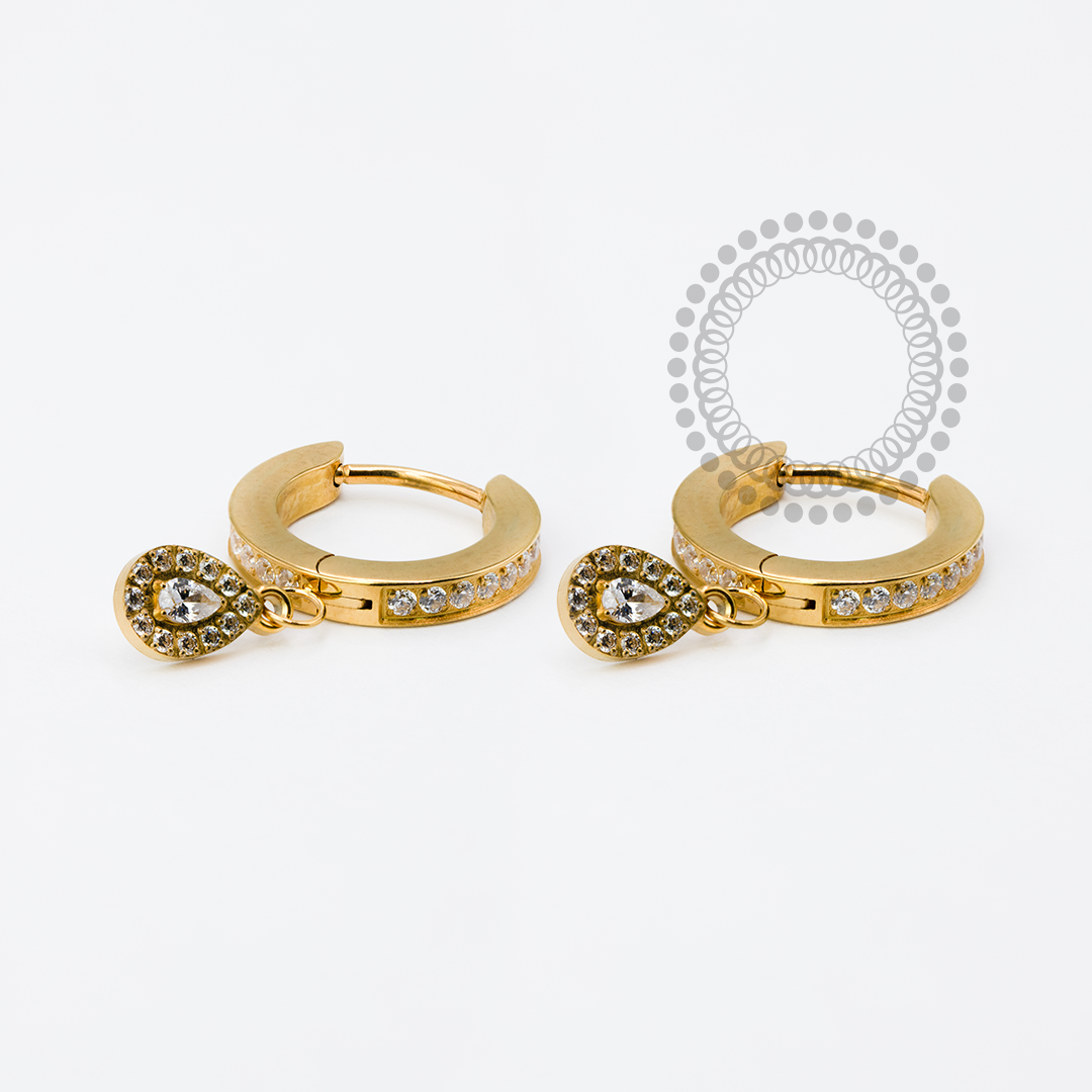 TN1950 Par de Brincos CZ Pingente Gota Titânio PVD Gold