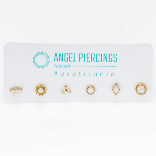 KIT20 Topos Pedras Opalas Brancas Titânio PVD Gold