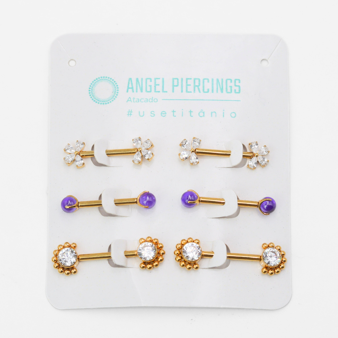KOR06 Kit Nipple Cristal E Roxo Titânio PVD Gold