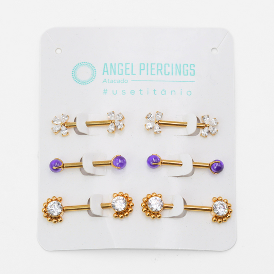 KOR06 Kit Nipple Cristal E Roxo Titânio PVD Gold