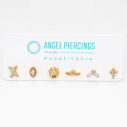 KIT22 Topos Cravejados Titânio PVD Gold